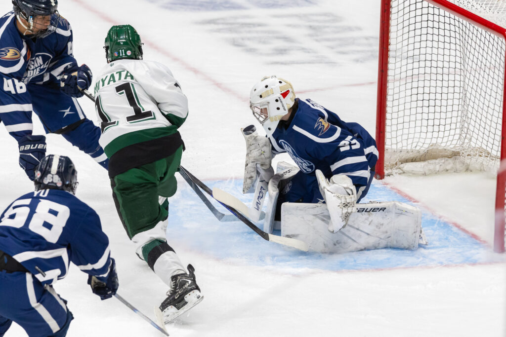 A hockey goalie makes a save off his blocker