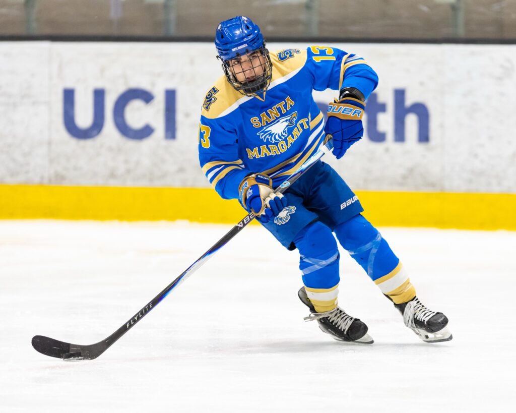 an ice hockey player skates with the puck