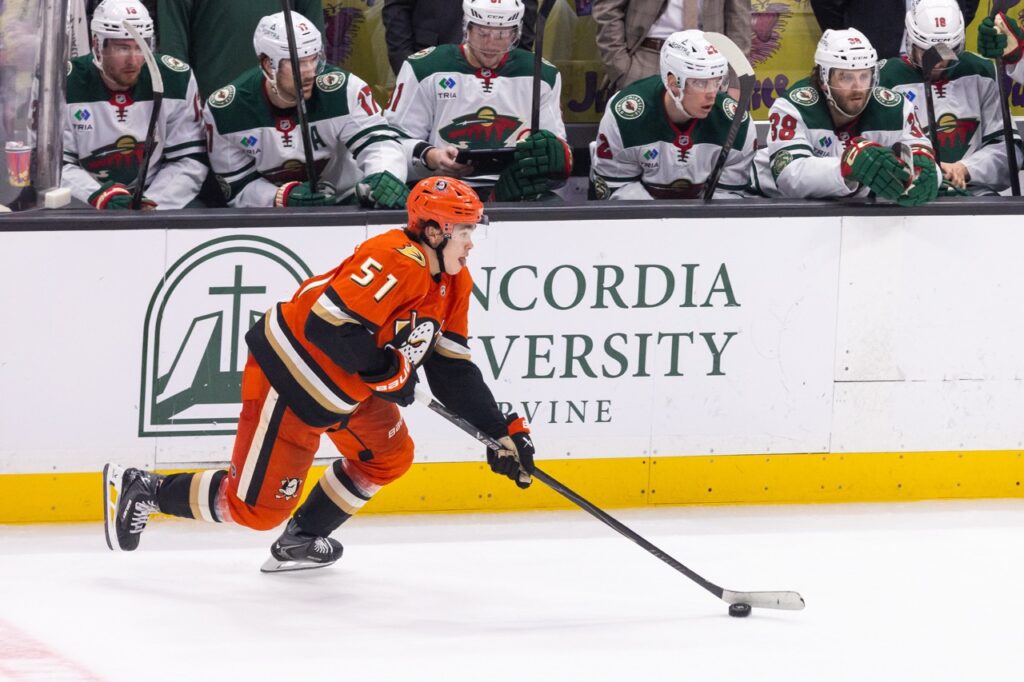 Olen Zelwegger of the Anaheim Ducks skates with the puck at Honda Center during a gave versus the Minnesota Wild.