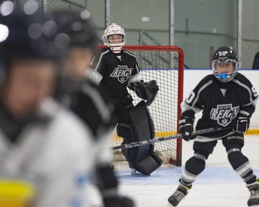 an ice hockey goalie watches the play up ice