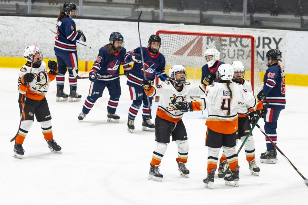 Ice hockey players celebrate a goal