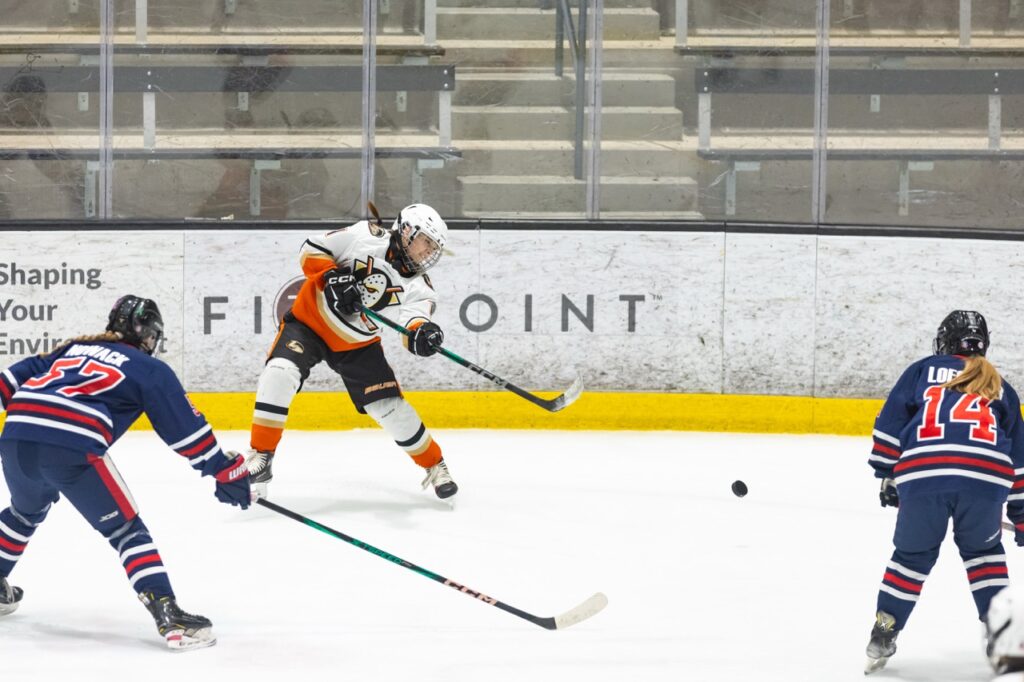 An ice hockey player shoots the puck